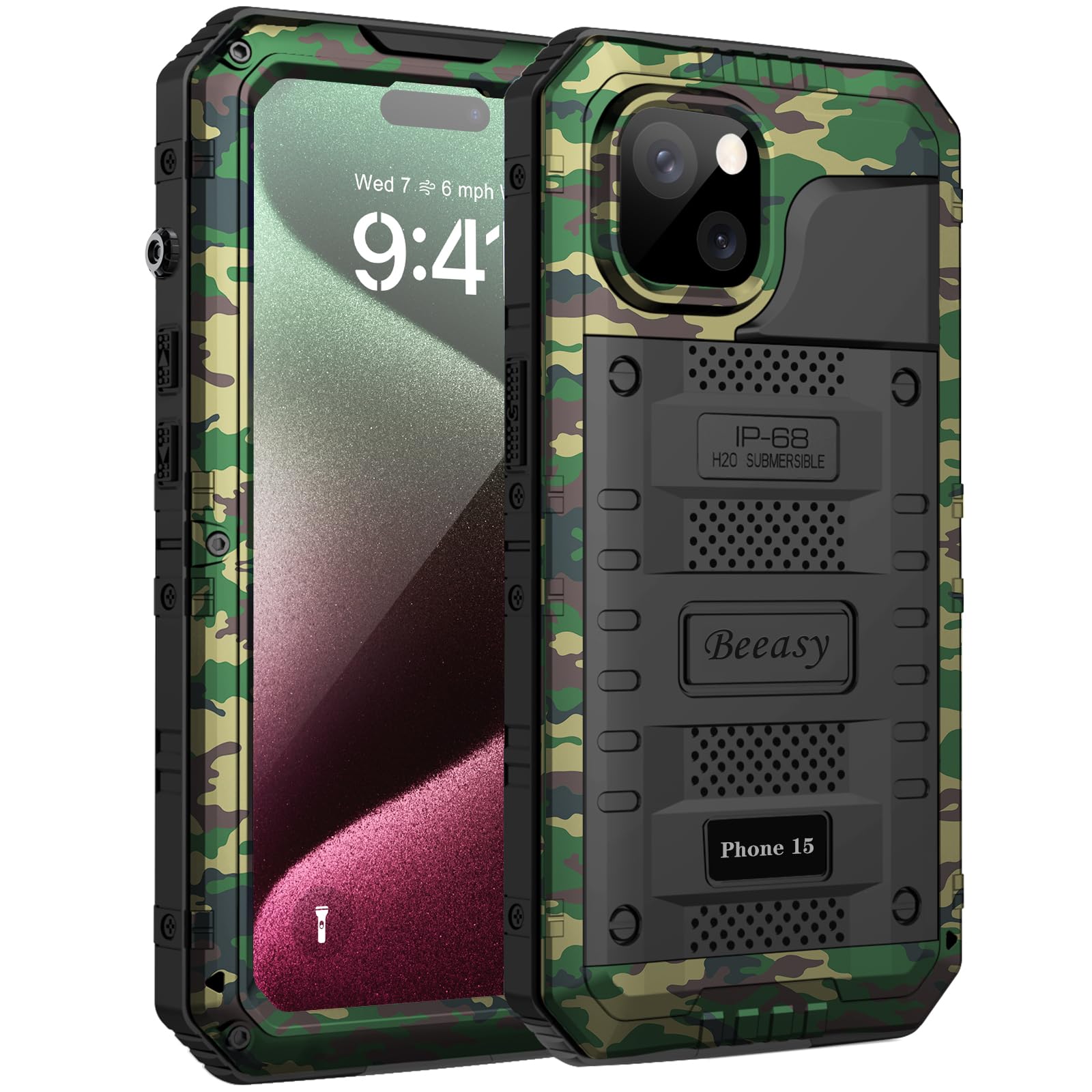 Beeasy for iPhone 15 Case Waterproof Heavy Duty Tough Metal Armour Cover Shockproof Dustproof Built-in Screen Protector, Robust 360 Full Body Military Protective Rugged Case for iPhone 15, Camo