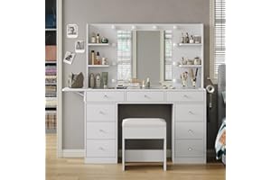 Yanosaku Vanity Desk & Power Outlet, Makeup Vanity with Mirror and 10 LED Lights, 9 Drawers Makeup Table with 4 Shelves, Fold-up Panel, Vanity Set 3 Lighting Modes Brightness Adjustable