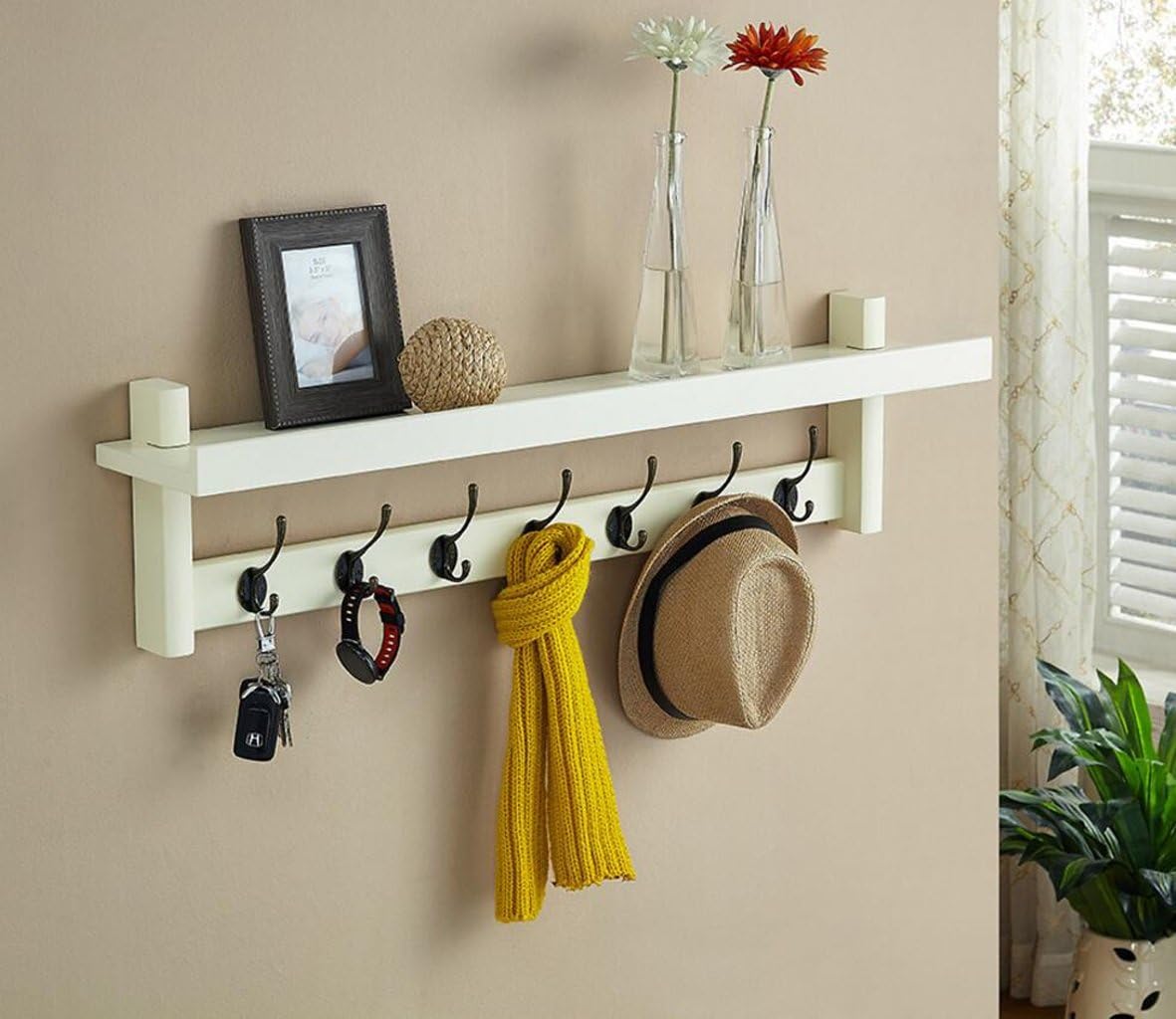 Amazon Com Wall Mounted Shelf White Shelving Unit Solid Wooden Wall Shelves Multiple Functions Coat Rack 34 3 6 3 Inch Color B Home Kitchen