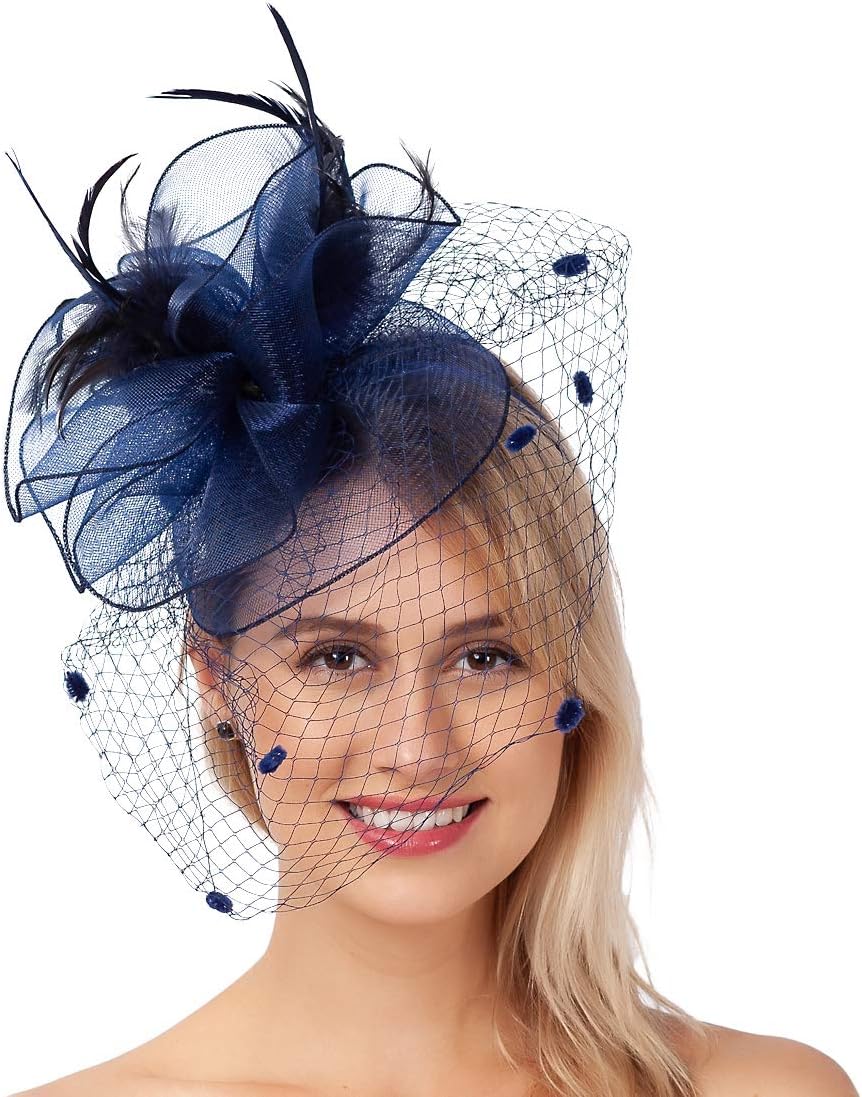 FELIZHOUSEFascinators for Women Tea Party Hat Birdcage Veil Feather Flower Cocktail Wedding Headband with Clip