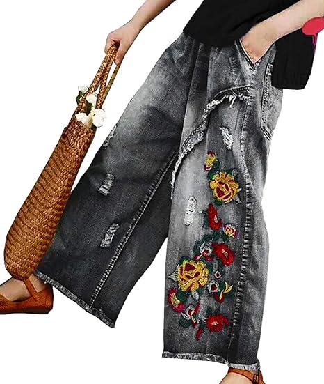 Amazon Easylife ガウチョパンツ ワイドパンツ デニム レディース ボトムス ゆった り ズボン 手芸刺繍 カジュアル ポケット付き 9分丈 豊富なサイズある Pw2ブル ジーンズ 通販