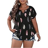 SOLY HUX Plus Size Blouses for Curvy Women Cute Boho Striped Print Shirts V Neck Casual Summer Blouses T-Shirts Tops