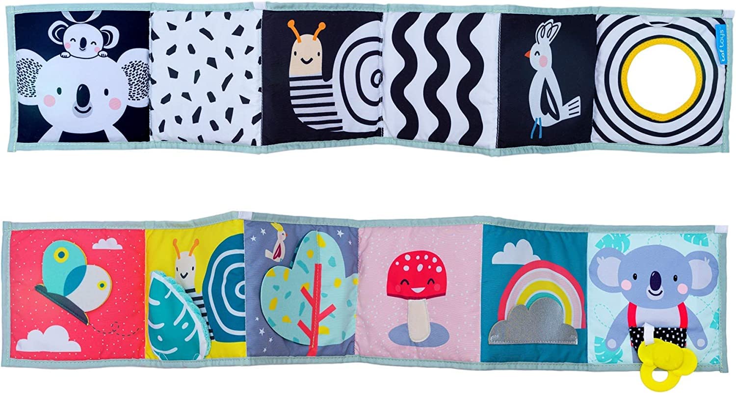 Taf Toys Koala Clip on Pram Book. Double-sided Tummy-time Sensory Soft Baby Book + Teether & Baby-safe Mirror. One Side Black & White. One Brightly Coloured. Suitable for Boys & Girls from Birth