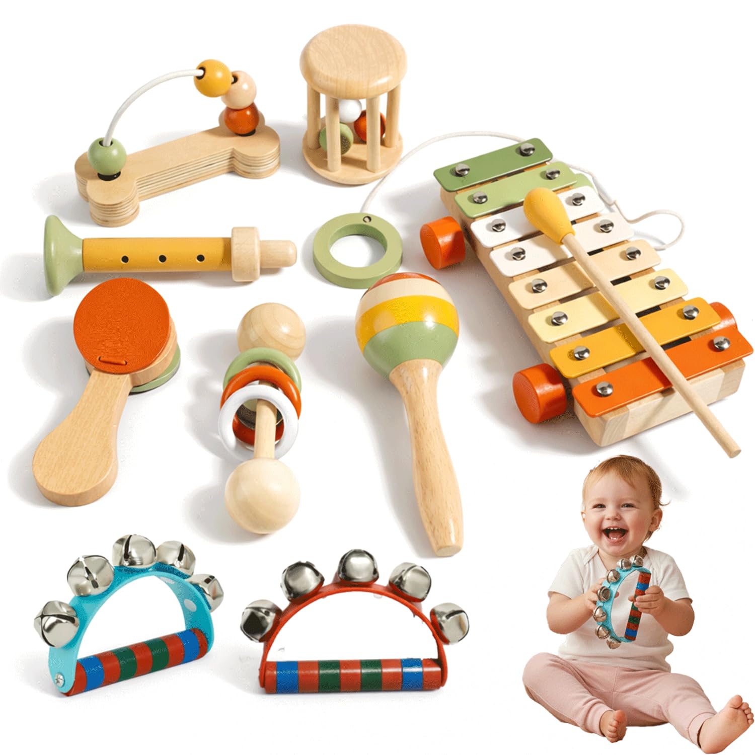 ALBIOON Montessori Musical Instruments Set, Wooden Educational Toys with Xylophone, Recorder and Percussion Instruments, Early Learning Music Development Kit