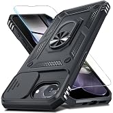 for iPhone 17e/iPhone 16e Phone Case Built in Slide Camera Lens Cover | with Tempered Glass Screen Protector+Finger Ring Holder Kickstand,Heavy Duty Shockproof Full Body Phone Cover,Black