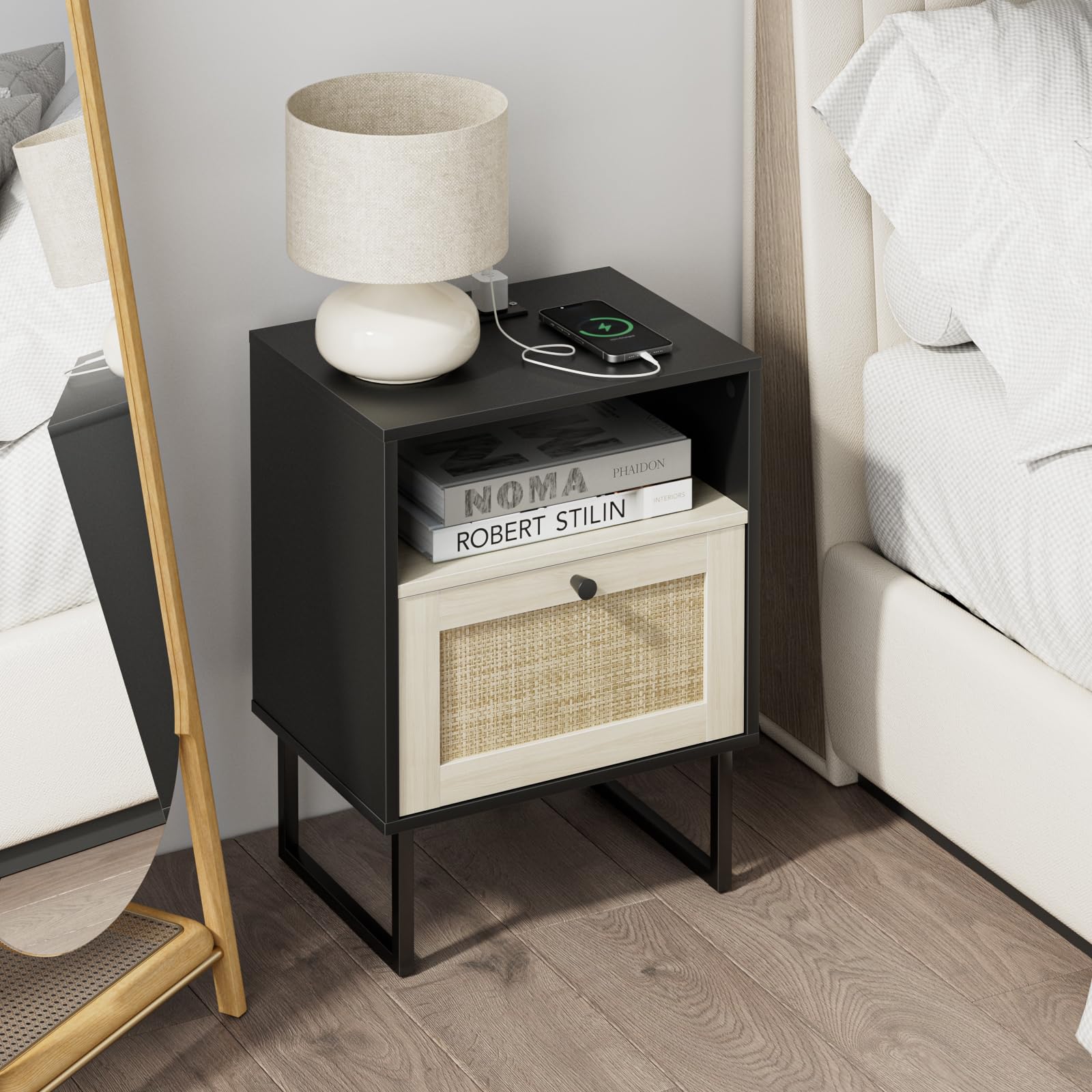 Photo 1 of Masupu Boho Night Stand, Small Rattan Side Table, Wood Nightstand with Drawer and Charging Station, Bedside Table with White Shelf, End Table for Bedroom,Living Room,Office (Black Mix White)