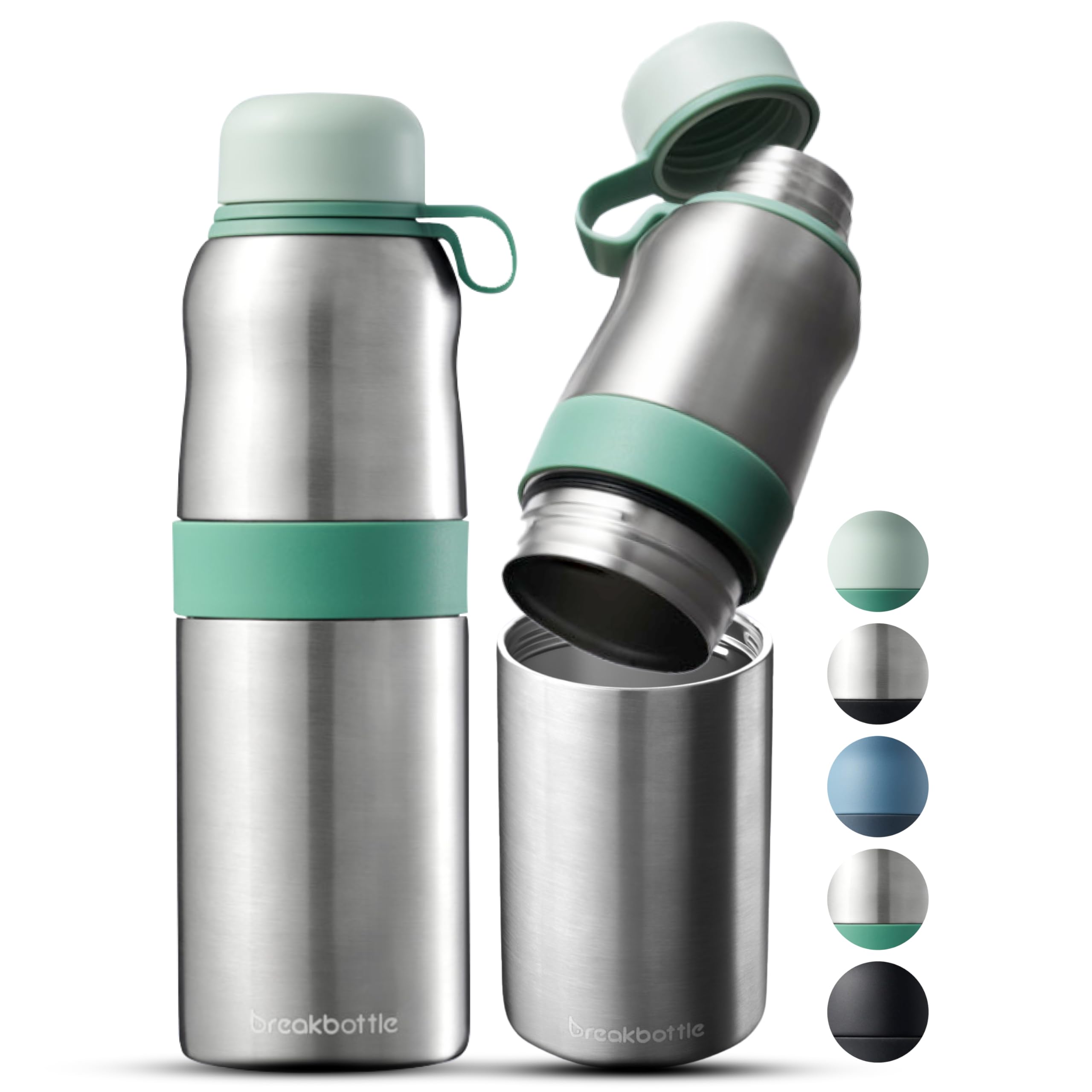 Breakbottle Insulated Water Bottle Stainless Steel 550ml with Twist Open Easy-Clean Design, Leak-Proof Lid - Odour-Free Hot and Cold Metal Water Bottle for Gym, Travel, Sports - Seamint Brushed