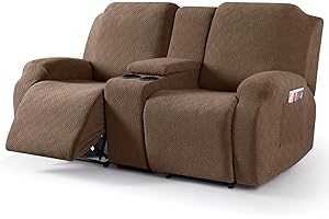 VANSOFY Recliner Loveseat Cover with Middle Console Stretch Reclining Sofa Slipcover for 2 Seat Jacquard Reclining Couch Sofa Covers Furniture Protector with Elastic Straps Bottom (Coffee)