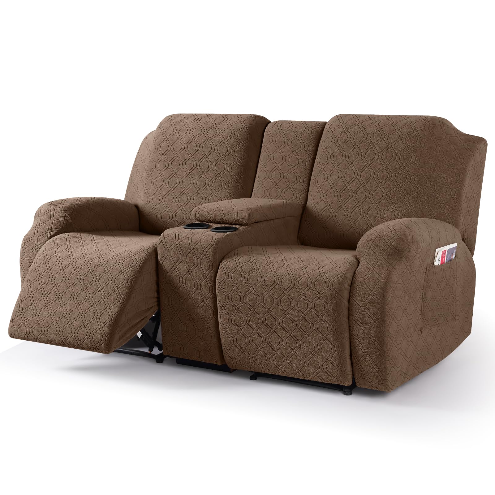 Photo 1 of VANSOFY Recliner Loveseat Cover with Middle Console Stretch Reclining Sofa Slipcover for 2 Seat Jacquard Reclining Couch Sofa Covers Furniture Protector with Elastic Straps Bottom (Coffee)