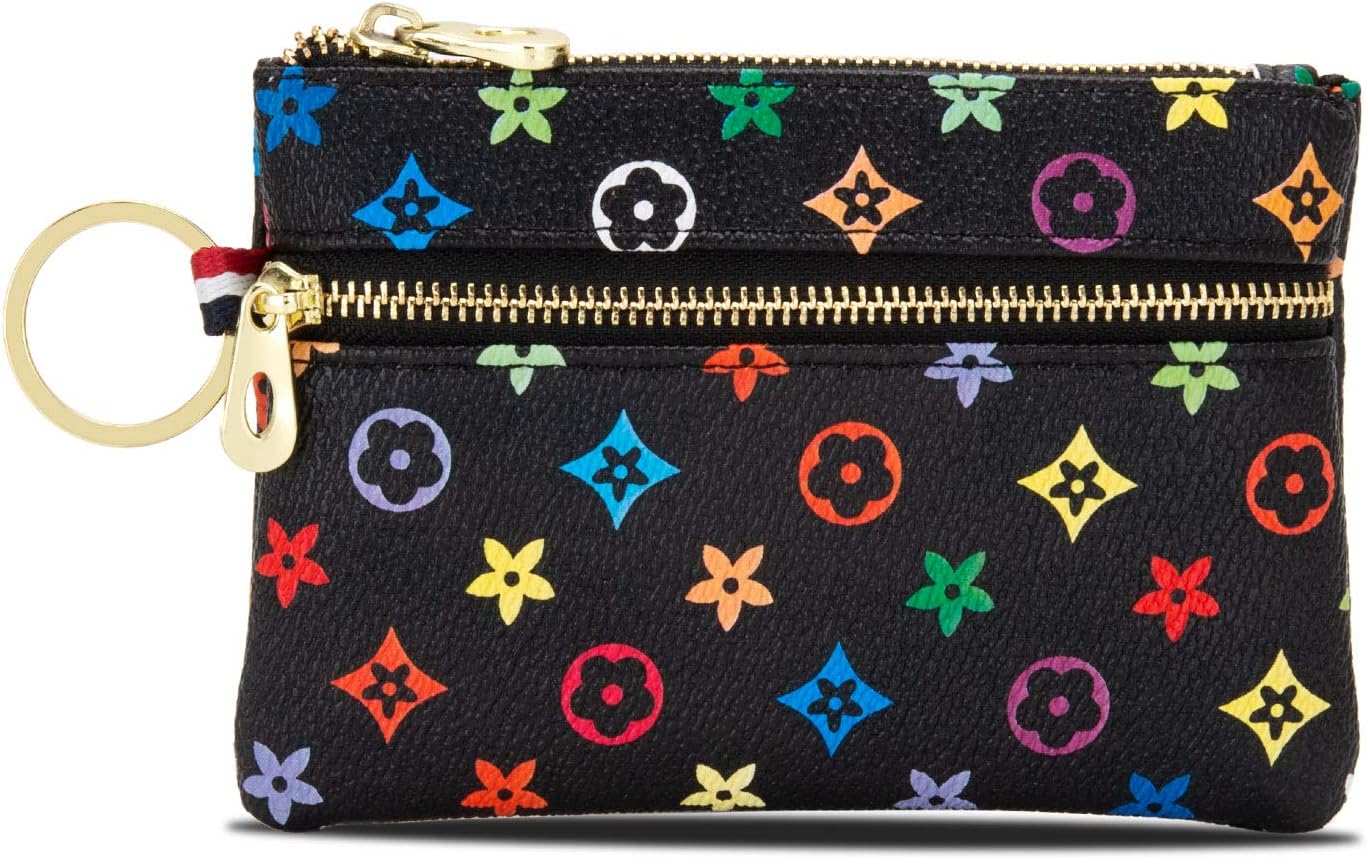 Triple Zip Checkered PU Vegan Leather Mini Coin Purse Key Ring Wallet Card Case