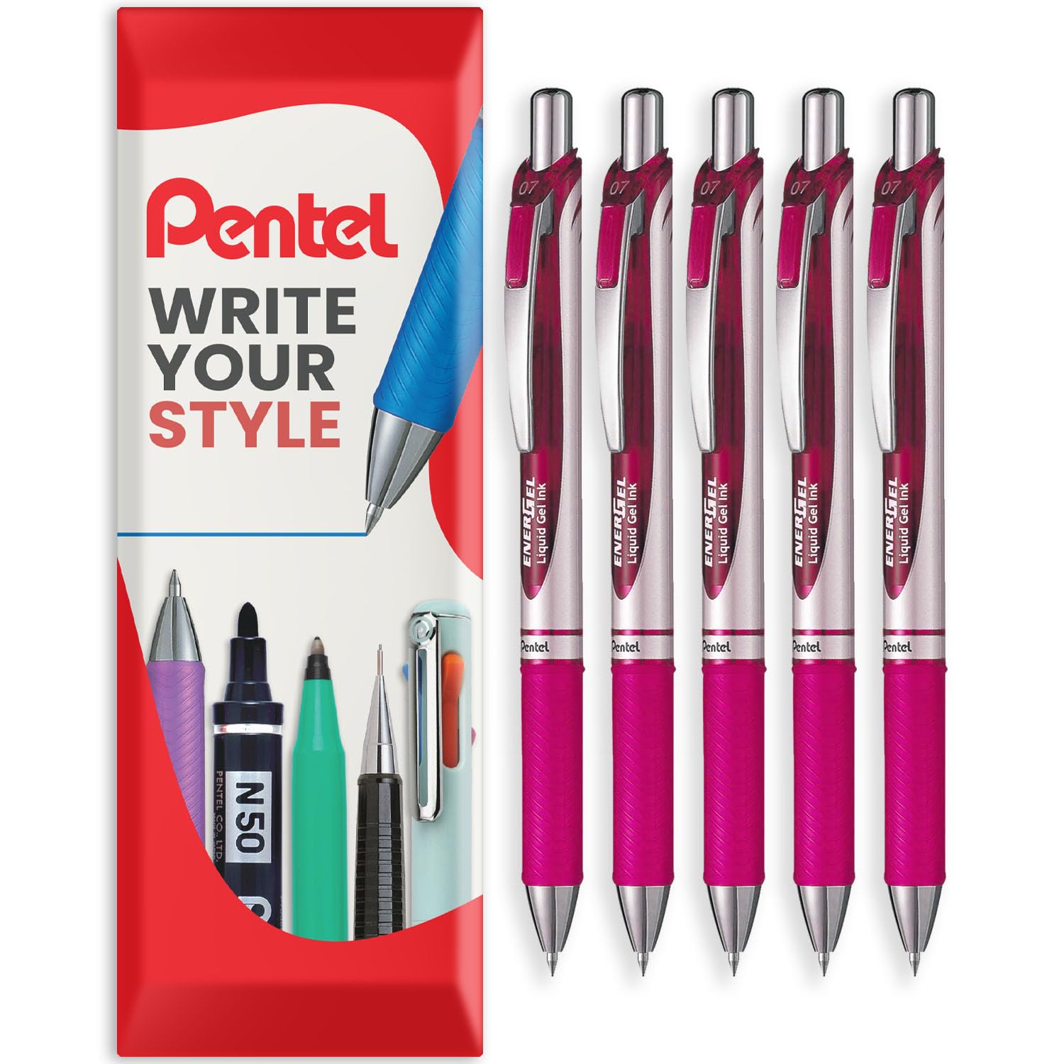 Pentel EnerGel XM BL77 - Retractable Liquid Gel Ink Pen - 0.7mm - 54% Recycled - In Envelope Gift Packaging (Pink Pack of 5)