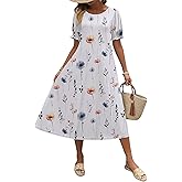 Zeagoo Womens Summer Dress Casual Midi Dresses 2026 Short Puff Sleeve Flare Dress Pleated Flowy Sundress with Pockets