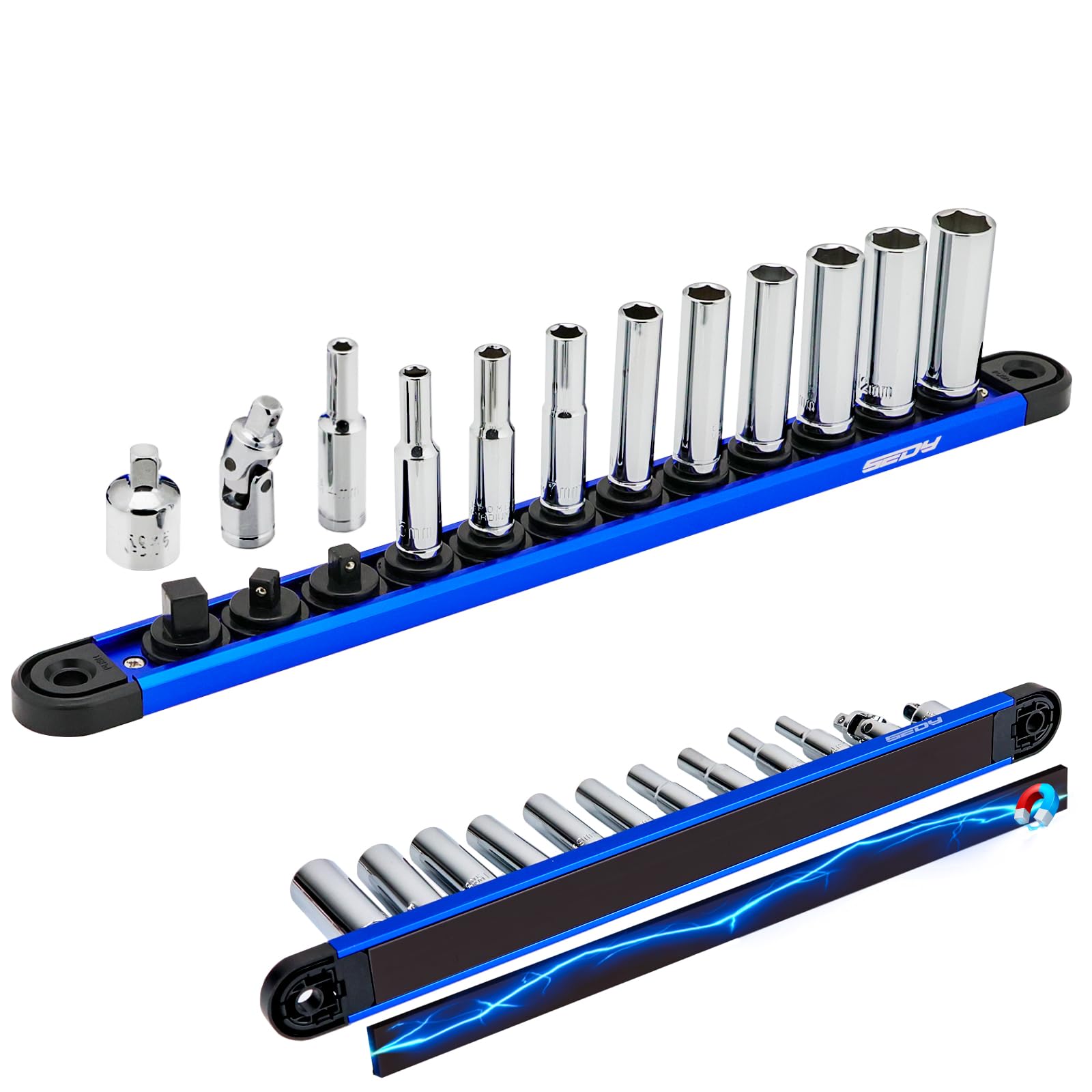 Photo 1 of 12-Piece 1/4" Drive Metric Long Socket Set 4-13mm with 1 Piece Magnetic Organizer Rail Rack, Premium 6-Point Deep Socket Assortment with 3/8" to 1/4" Adapter and 1/4" Universal Joint (Blue)