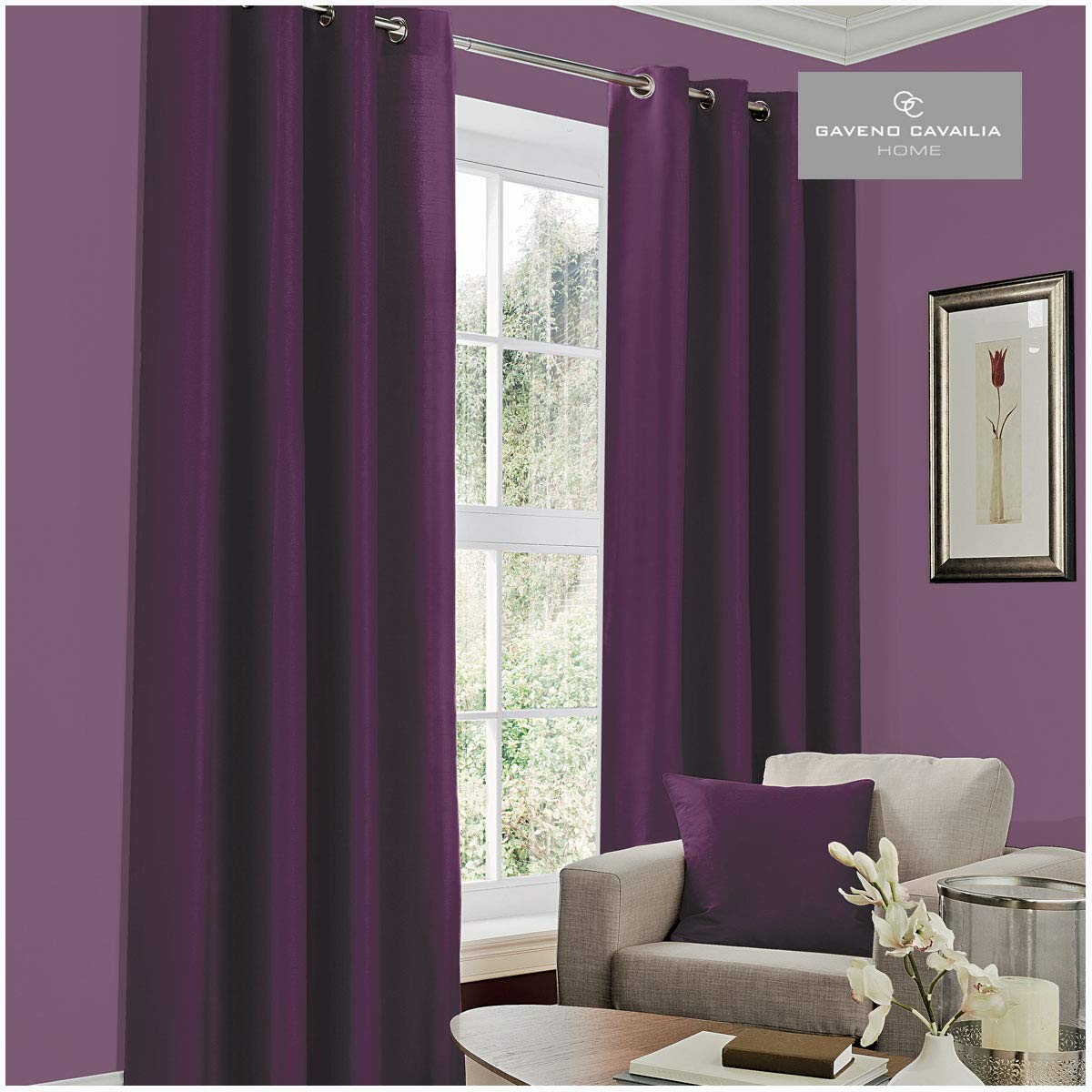 Gaveno Cavailia Plain Faux Silk Eyelet Curtains Aubergine, 100% Polyester Fully Lined Ring Top Drapery with Matching Tie Backs, Two 66"x72" Panels, Easy Care Window Treatment