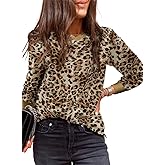 Sulozom Womens Long Sleeve Shirts Crewneck Leopard Printed Tops for Women Casual Dressy Blouses Tee Basic Tops