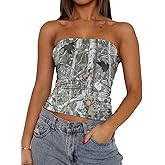 BAIGRAM Women Camo Tube Top Maple Leaf Print Strapless Crop Tank Top Y2K Graphic Bandeau Tops Going Out Sexy Outfits