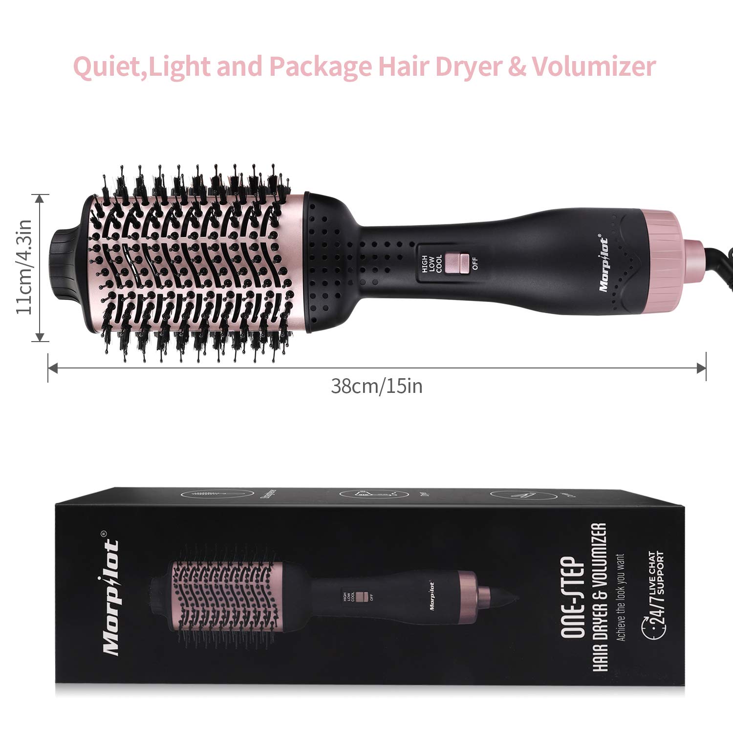 morpilot Spazzola per Asciugacapelli 3 in 1, Asciugacapelli e Volumizzatore Spazzola per aria Calda Loni Negativi Ceramica Asciugacapelli Asciugacapelli Raddrizzatore Spazzola per Capelli