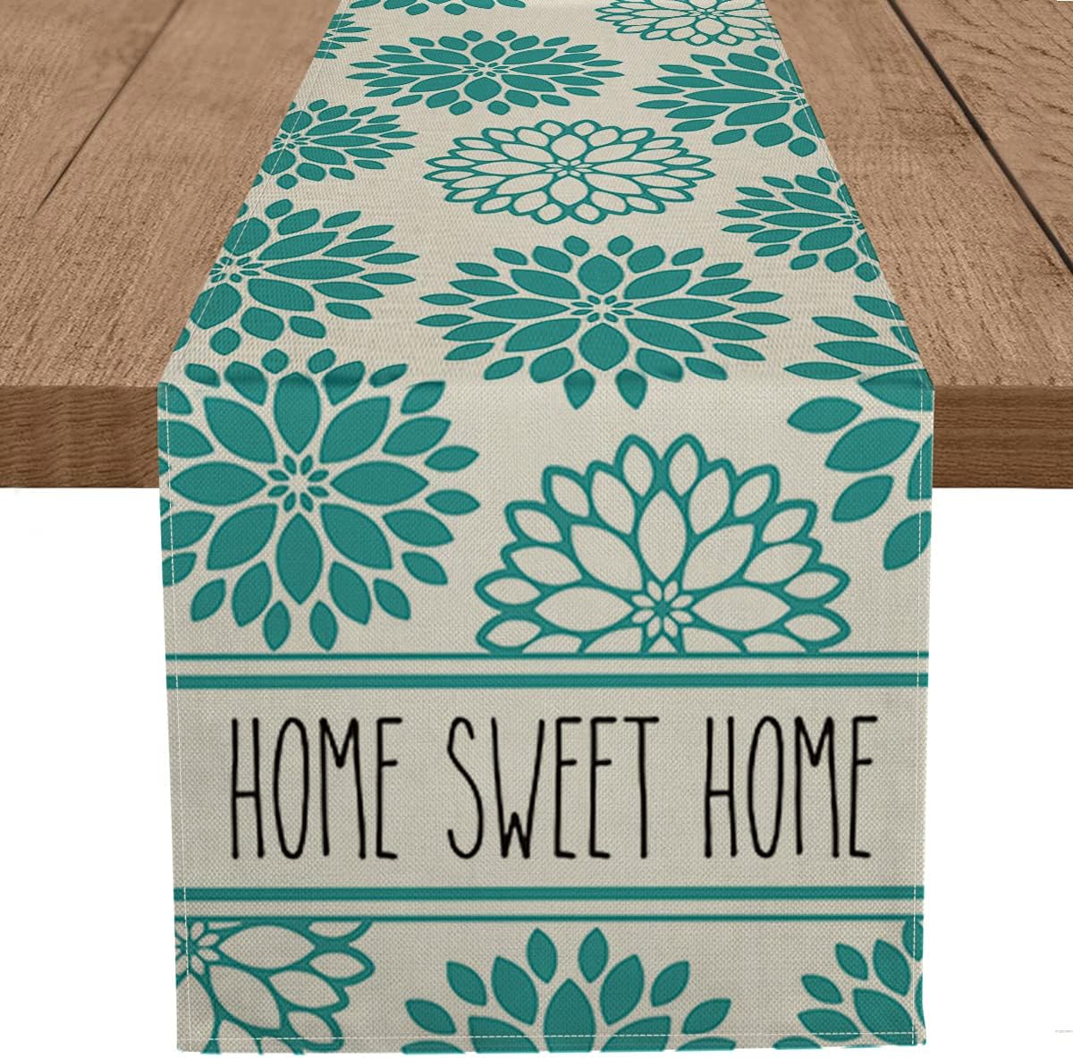 Artoid Mode Bohemian Dahlia Floral Table Runner Aqua, Moroccan Fringe Farmhouse Decorative Holiday Kitchen Dining Table Runners for Home Party Decor 13 x 72 Inch