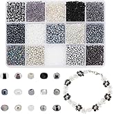 PH PandaHall 4742pcs 15 Colors 3mm Seed Beads 8/0 Small Glass Craft Beads Tiny Round Waist Bead Spacer Bead Kit for DIY Crafts Earring Bracelet Necklaces Jewelry Making, Black/White/Gray