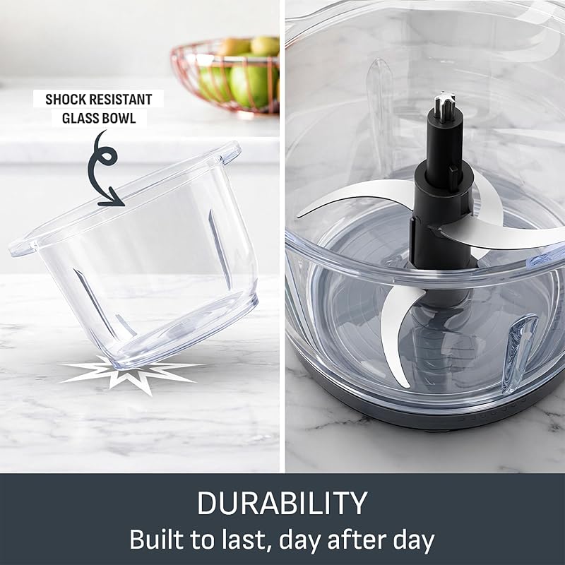 Choppeo MB603BG1 - Mini processador de alimentos, taça de vidro XXL de 2 litros com tapete antiderrapante, tampa de armazenamento, 2 velocidades, 500 W, cinzento