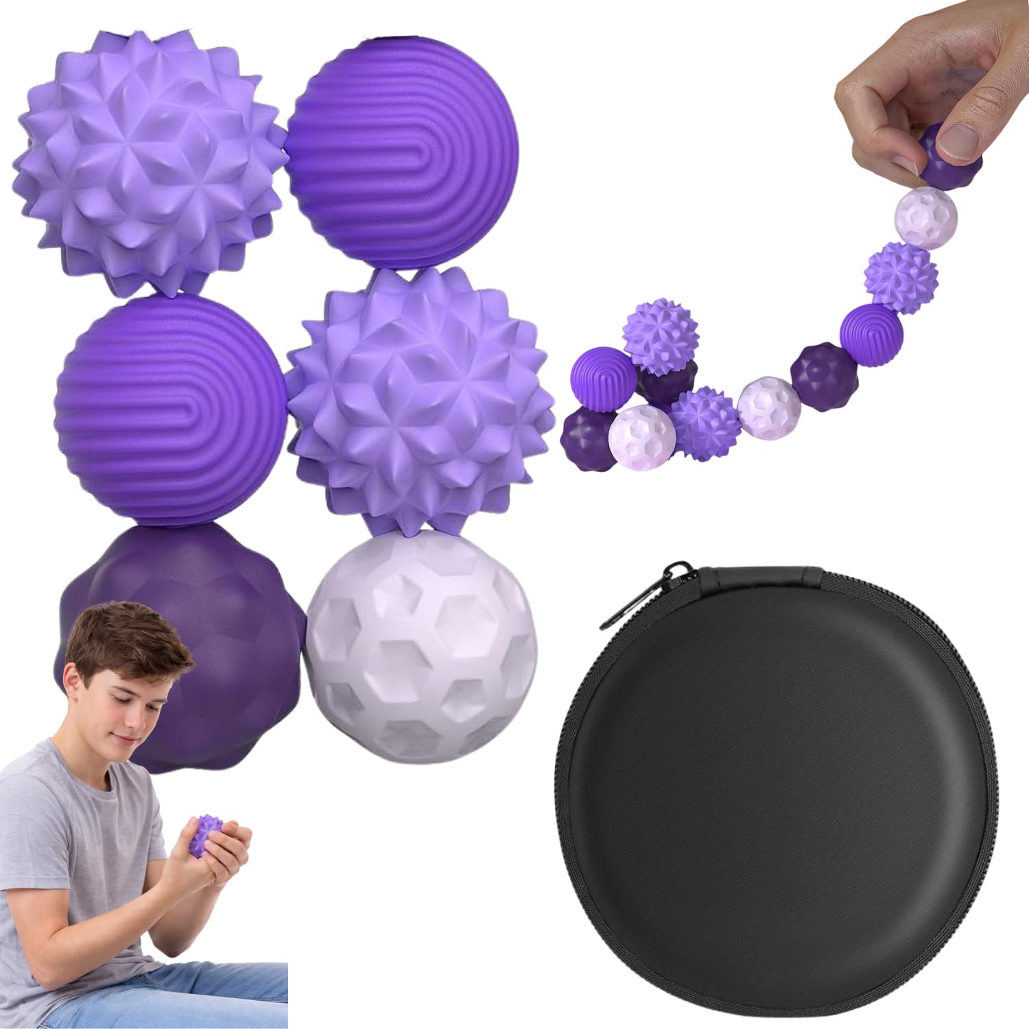 Fidget Balls Sensory Toys Set of 6, Silicone Texture Stress Relief Balls for Adults & Teens, Tactile Hand Therapy Toys for Autism, Anxiety, ADHD, Purple
