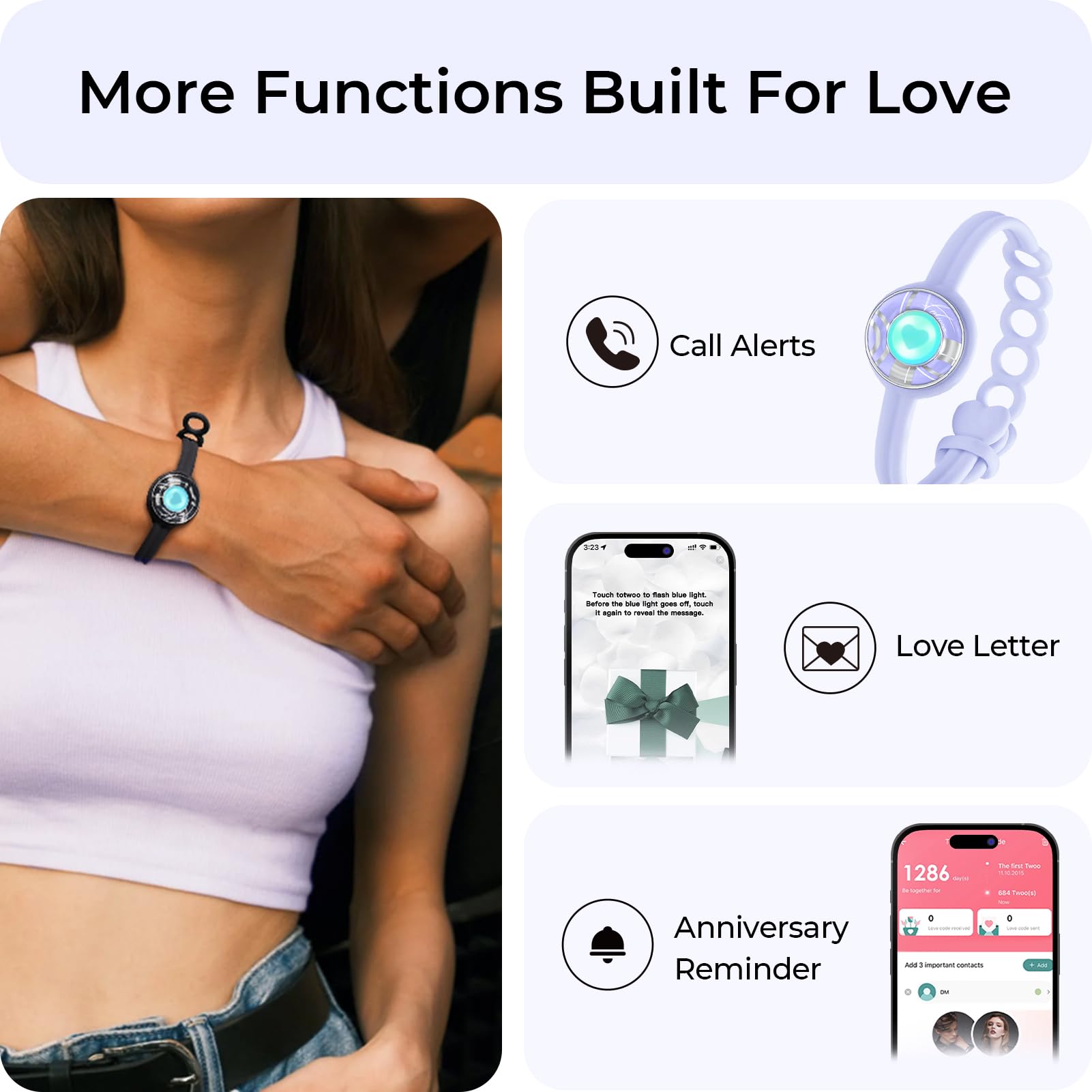 TOTWOO Long Distance Touch Bracelets, Light up & Vibration for Love - Pair of Bracelets Long Distance Relationship Gifts for Girlfriend, Mother-Daughter, Sisters Bluetooth APP Set Up Pairing Jewelry