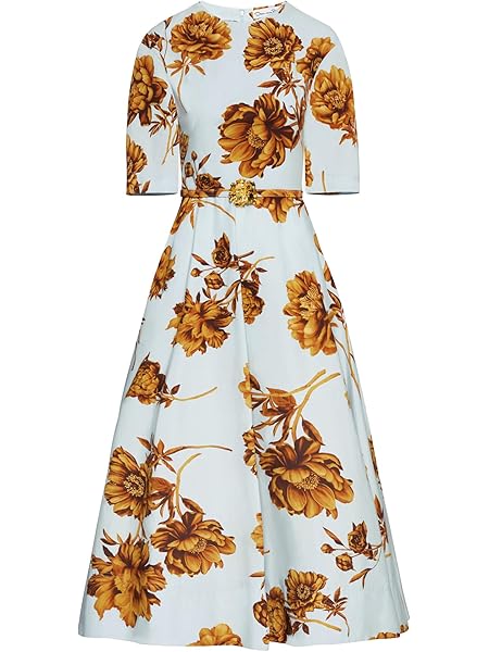 Oscar de la Renta Peony Cotton Poplin Dress — peony floral, short sleeves, buckle waist