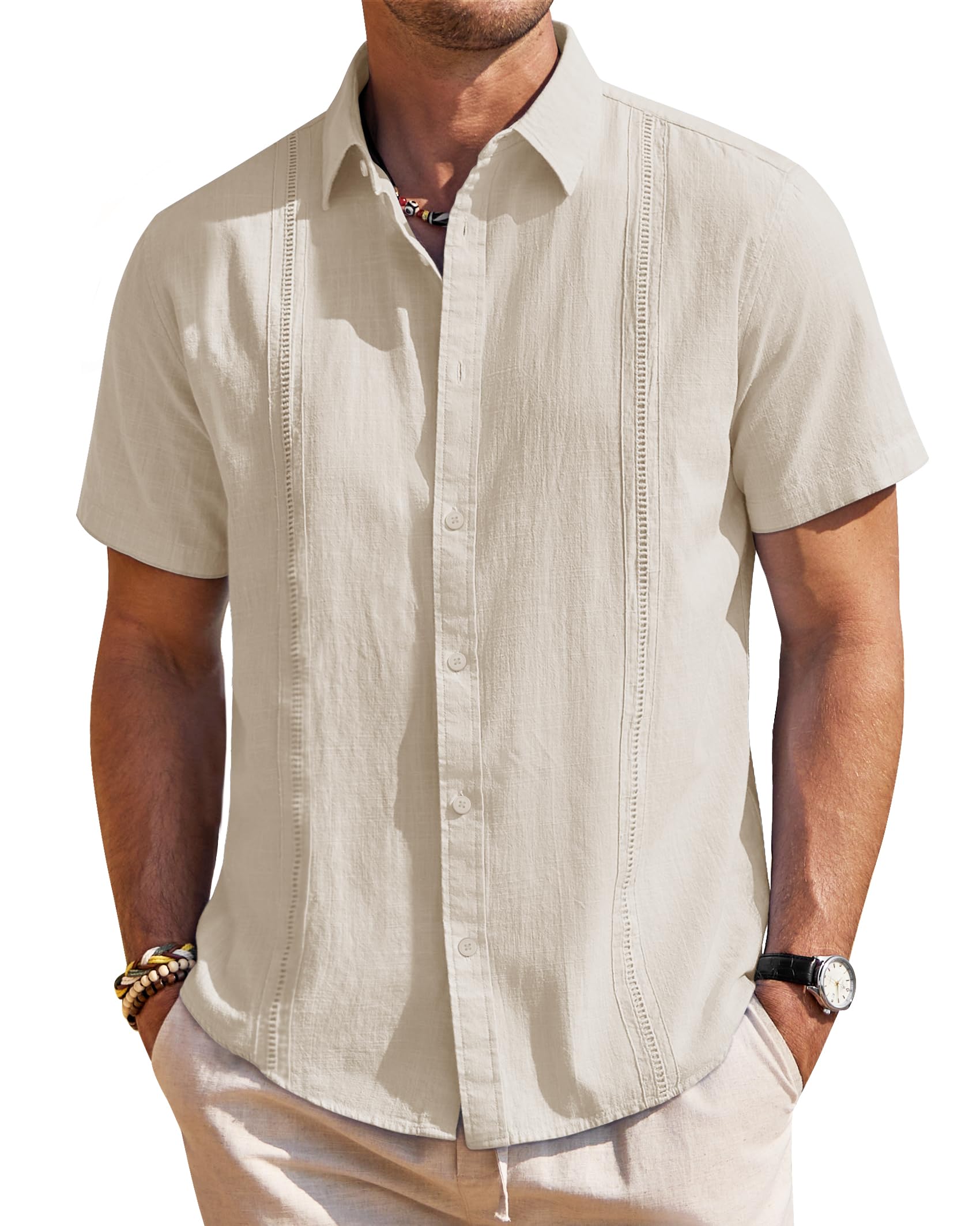 Photo 1 of Mens Linen Shirts Short Sleeve Button Down Shirt Casual Cuban Guayabera Lightweight Summer Beach Solid Tops Beige MEDIUM 