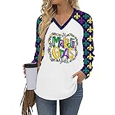 Mardi Gras Long Sleeve Shirts for Women: Funny Mask Graphic Tee Carnival V Neck Tshirt New Orleans Party Tops