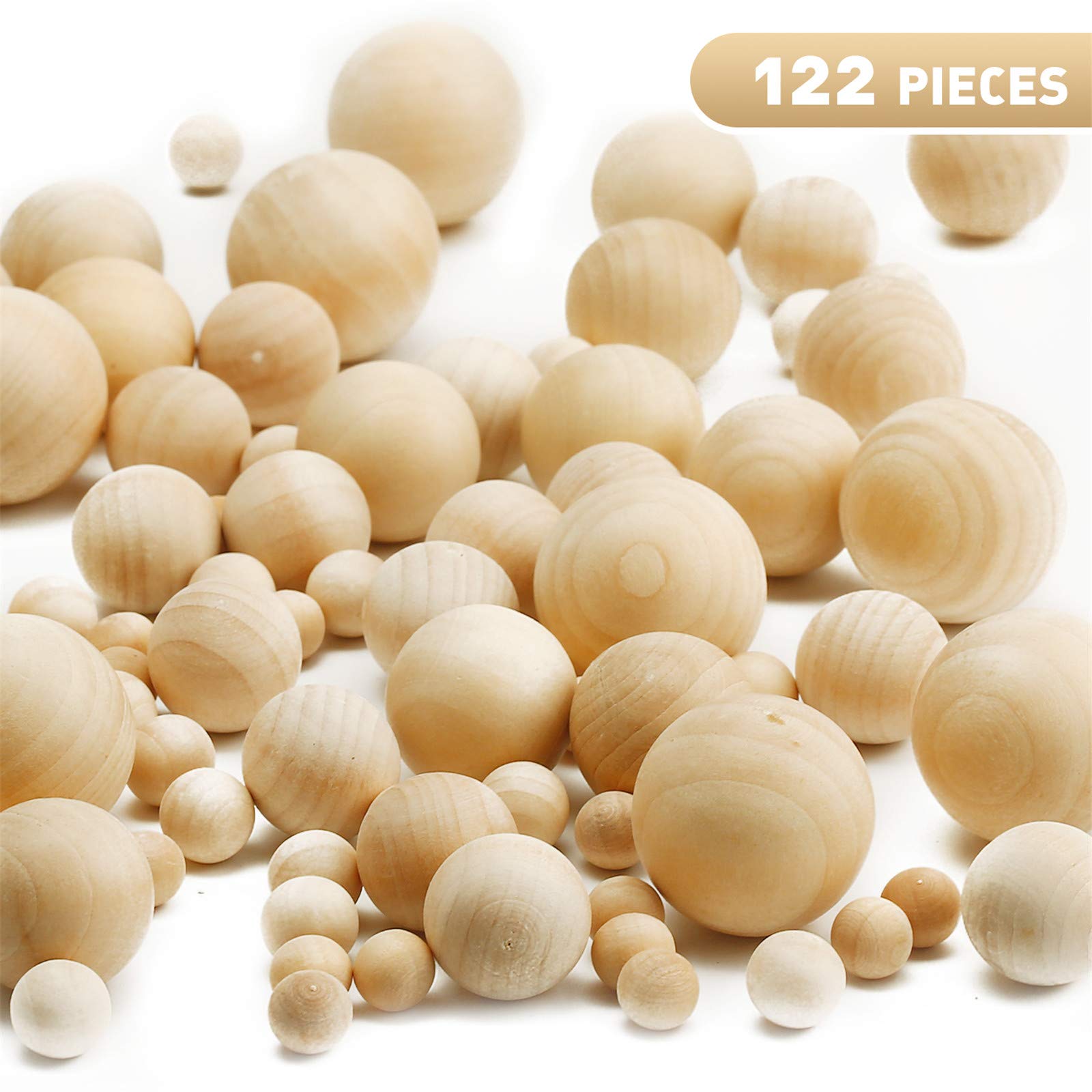 Blulu 122 Pieces Round Wood Balls Unfinished Wooden Balls Natural Craft for DIY Craft Projects Jewelry Making Arts Design, 5 Sizes
