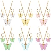 Sasylvia 18 Pcs Butterfly Jewelry for Women Butterfly Necklace Earrings Set Acrylic Pendant Necklace Hoop Earrings Colorful Cute Valentine Jewelry Gifts