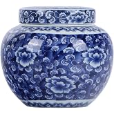 Blue and White Porcelain Round Ginger Jar with Lid, Ceramic Chinoiserie Chinese Style Decorative Jar for Home Decor, Storage for Snacks, Key Chains, Coffee Beans (Pure Blue)