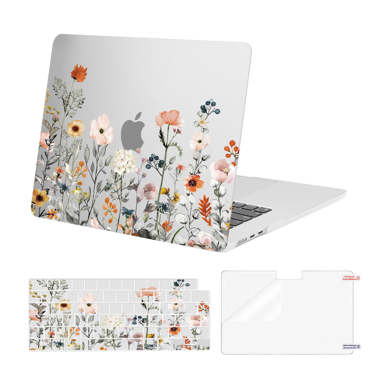 MOSISO Compatible with MacBook Air 15 inch Case M5 M4 M3 M2 2026 2025-2023 A3448 A3241 A3114 A2941 Touch ID, Plastic Garden Flowers Hard Shell Case &Keyboard Cover Skin &Screen Protector, Transparent