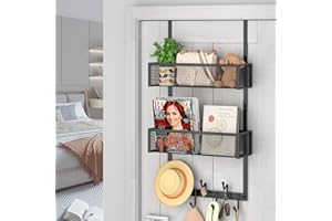 FOELLSTOE Over The Door Hooks Organizer, Over The Door Towel Rack Hanger with Mesh Basket, Over The Door Coat Rack Storage, Over Door Hanger Hooks for Hanging, Coats, Bathroom, Bedroom, Kitchen, Dormitory