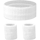 3 Pcs Sports Sweatbands Headband Wristband Set Includes 1 Sports Headband and 2 Wristband Breathable Terry Cloth Athletic Bands Wrist Sweatbands for Men Women(White)