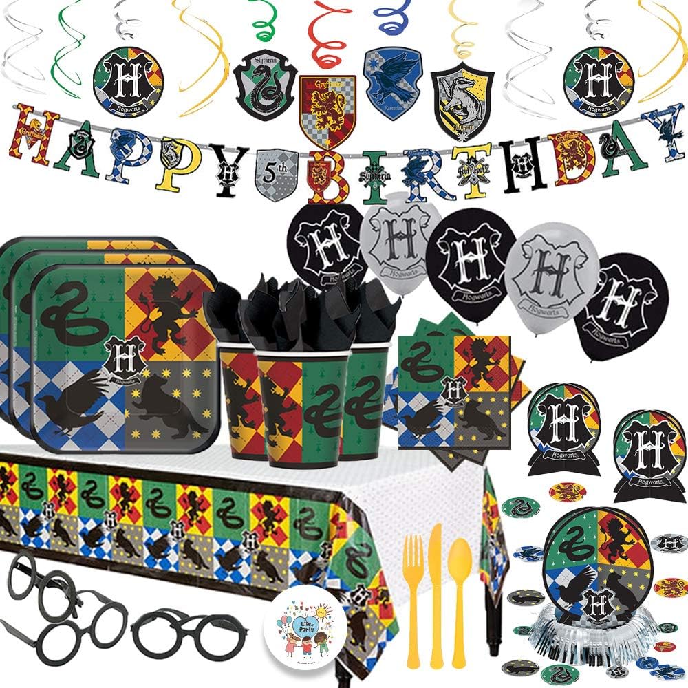 Harry Potter Magical Wizard Birthday Party Supplies Pack With Decorations For 16 Guests With Plates, Cups, Napkins, Tablecover, Birthday Banner, Balloons, Cutlery, and Wizard Glasses Plus Birthday Pin