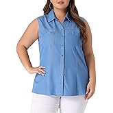 Agnes Orinda Plus Size Chambray Tops for Women Sleeveless Button Down Work Shirts Chambray Blouses 2024 Summer