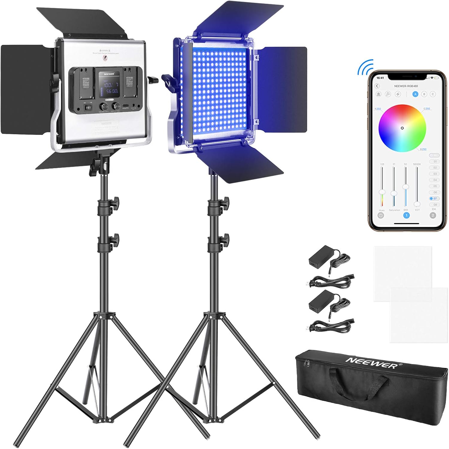 Amazon Com Neewer 2 Packs 480 Rgb Led Light With App Control Photography Video Lighting Kit With Stands And Bag 480 Smd Leds Cri95 30k 5600k Brightness 0 100 0 360 Adjustable Colors 9 Applicable Scenes Camera Photo
