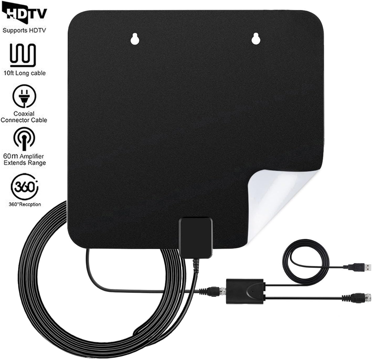 60Miles Amplified Indoor HDTV Antenna - Bamshoot Upgraded Digital TV Antenna with Detachable Amplifier Signal Booster for 1080P Free Channels VHF UHF High Reception Long Range with 10Ft Coaxial Cable