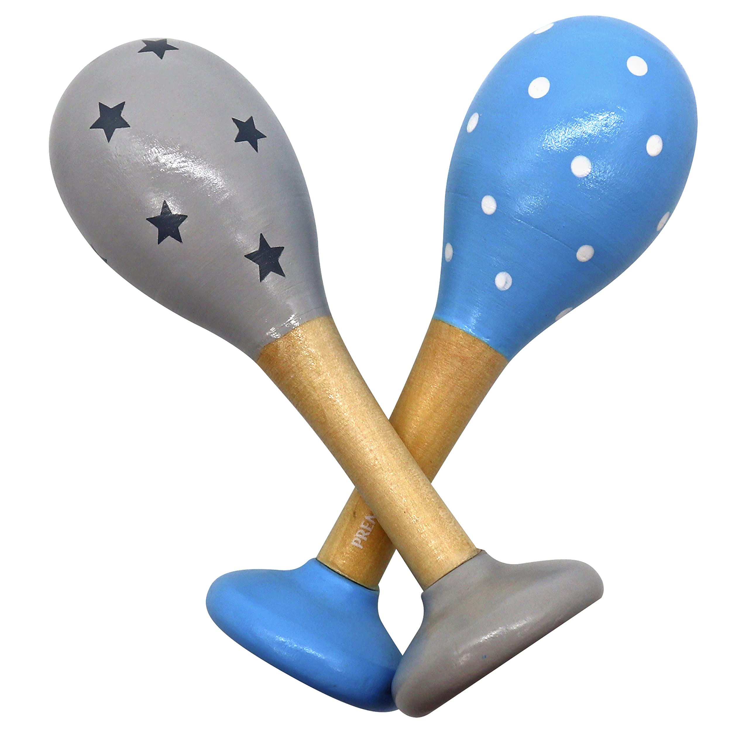 PREMYO Baby Rattle Maracas - Wooden Musical Instruments for Toddlers - Newborn Sensory Toys - Dots Stars Blue Grey