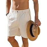 JEMLDL Men's Shorts Casual 7" Cotton Linen Button Elastic Waist Summer Beach Golf Shorts with Multi-Pocket