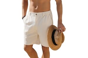 JEMLDL Men's Shorts Casual 7" Cotton Linen Button Elastic Waist Summer Beach Golf Shorts with Multi-Pocket