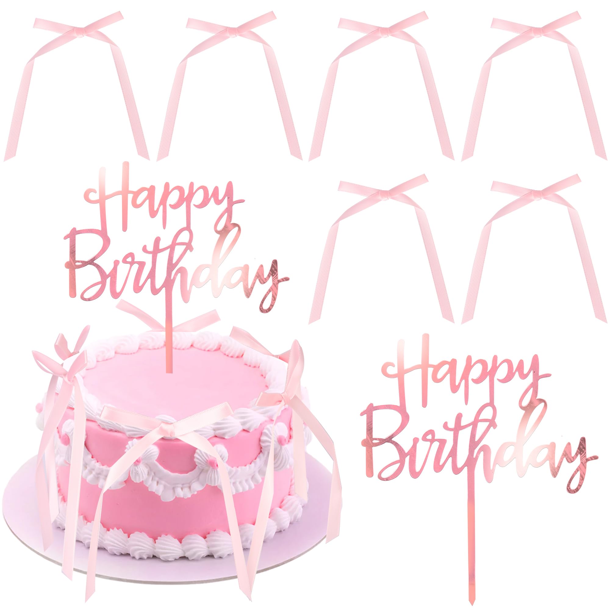 7 PCS Bow Cake Toppers with Acrylic Happy Birthday Cake Topper Bowknot Cake Decorations Pink Bows Coquette Girls Birthday Decorations Bow Cupcake Toppers for Baby Shower Ribbon Party Supplies