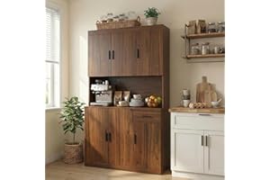 DIYART 71 Inch Rustic Brown Pantry Cabinet with Power Outlet, Heavy-Duty Freestanding Kitchen Storage Organizer with Reinforced Frame, Pantry Hutch for Kitchen, Dining Room, Living Room