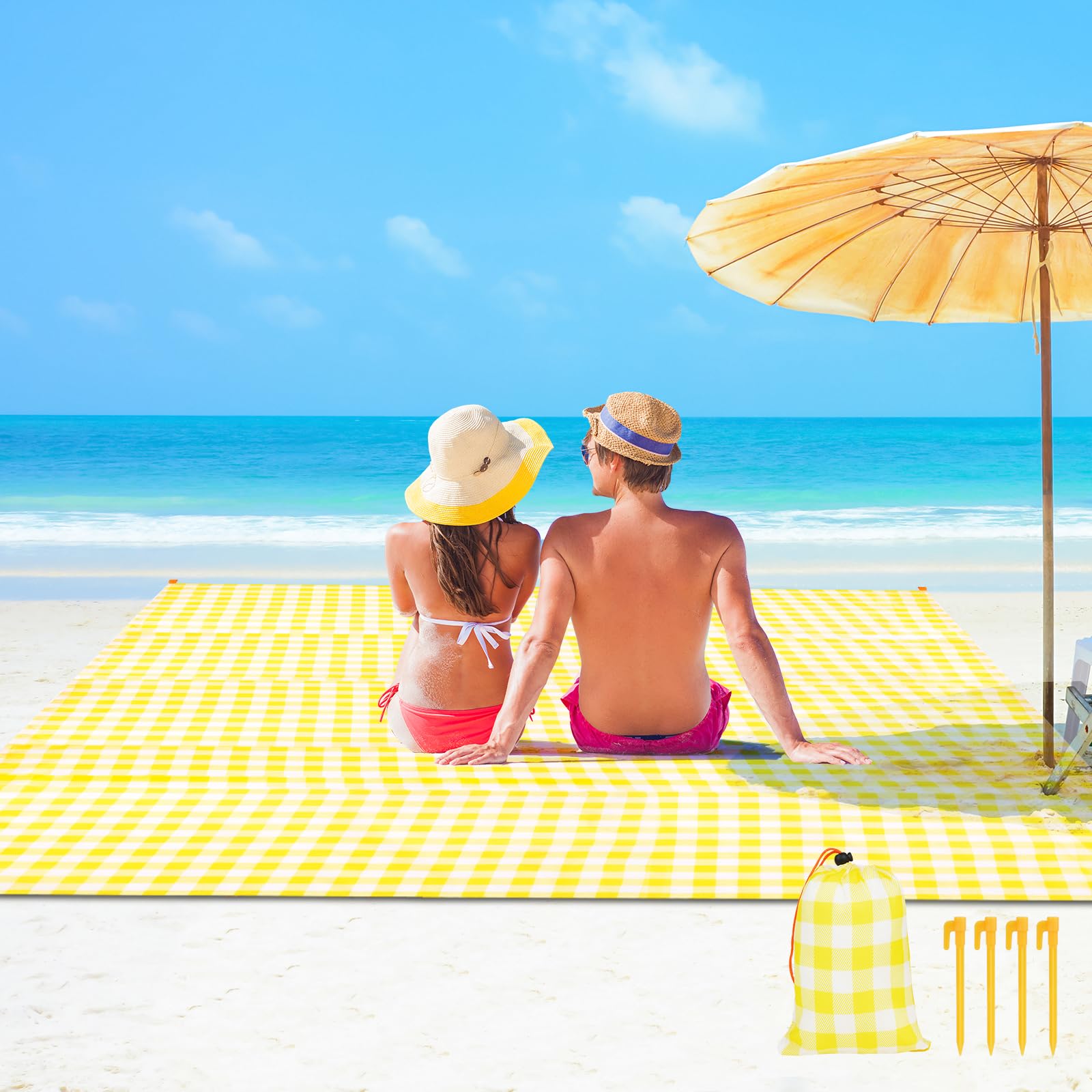 Ainiv Beach Blanket Beach Mat, 140 x 200cm Sandproof Waterproof Beach Mat, Picnic Blanket, Large Picnic Blanket with 1 Storage Bag & 4 Fixed Nails for Beach, Camping, Hiking, Picnic