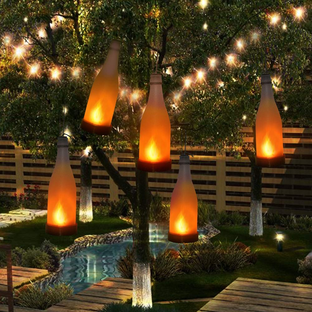 Mixtooltoys Solar Powered Bottle Light Jar Hanging Lights Dancing Flame Fire Effect Lamp Waterproof for Garden Yard Patio Tree Party Wedding Christmas Decorative Lighting Outdoor(Set of 5)