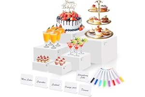 QINZAVE 6 Pcs White Acrylic Buffet Risers with Mini Sign and Maker, Food Display Stands for Buffet Table Party Catering Dessert Jewelry Collectibles,Nesting Cube Boxes with Hollow Bottoms (8",7",6",5",4",4")