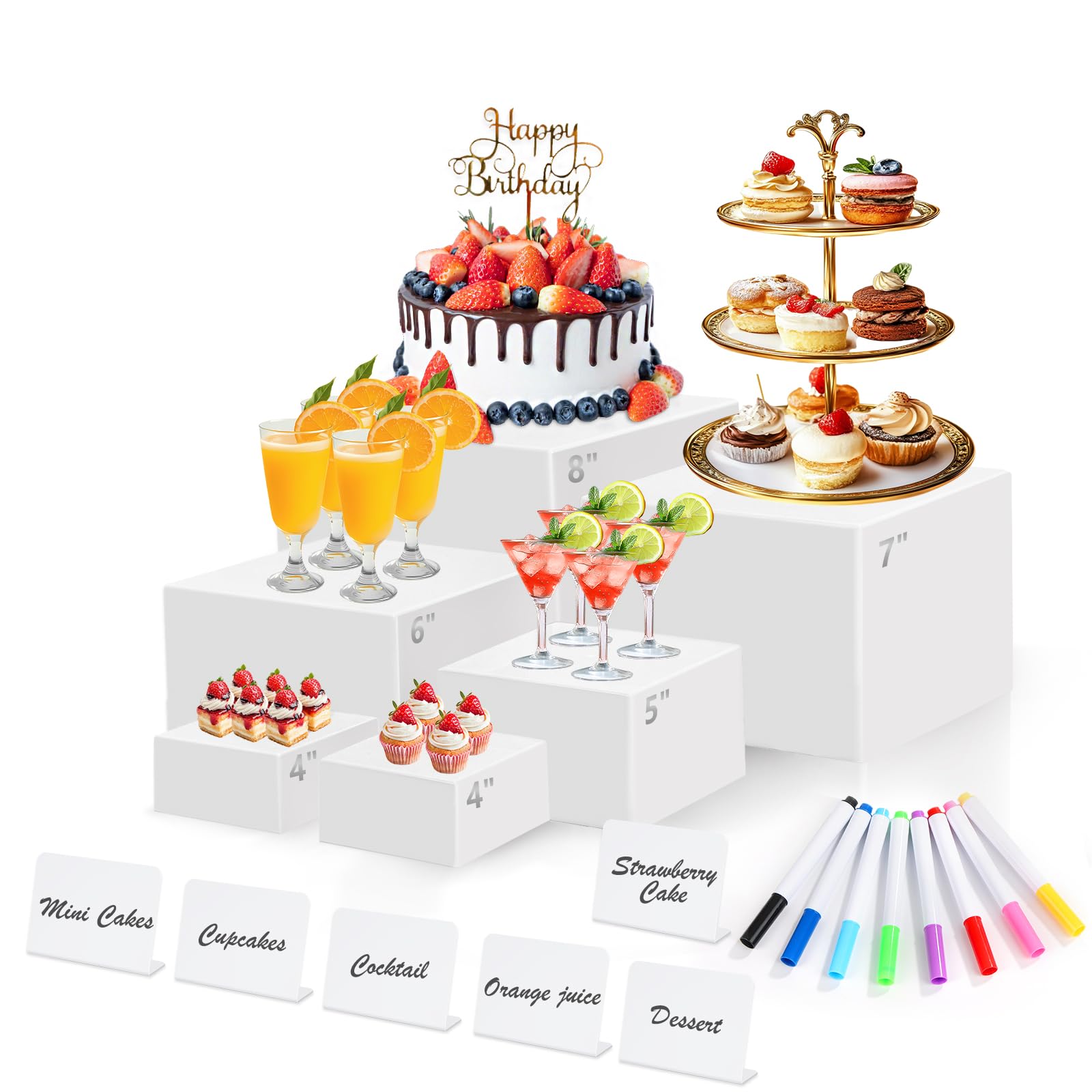 Photo 1 of 6 Pcs White Acrylic Buffet Risers with Mini Sign and Maker, Food Display Stands for Buffet Table Party Catering Dessert Jewelry Collectibles,Nesting Cube Boxes with Hollow Bottoms (8",7",6",5",4",4")