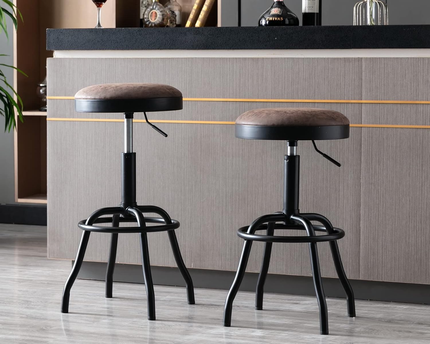 CIMOTA Adjustable Bar Stools Set of 2 Counter Height Modern Barstools PU Leather Backless Swivel Round Bar Stool for Kitchen/Dining Room/Home Bar/Pub/Bistro/Office, Retro Brown