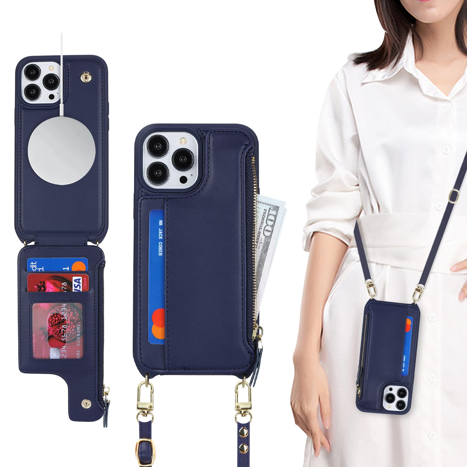 SailorTech for iPhone 11 Pro Max Case with Credit Card Holder magsafe, iPhone 11 Pro Max Phone Leather Case Wallet for Men Crossbody with mag safe Zipper Shockproof Case for Women - Blue